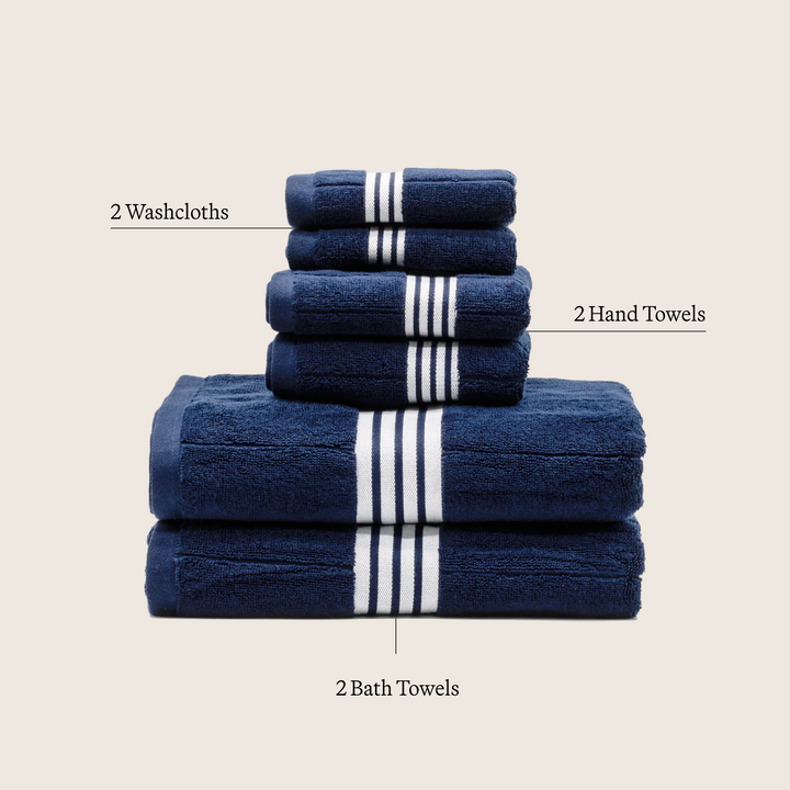 Navy cotton towel assortment with white stripes: washcloths, hand towels, and bath towels