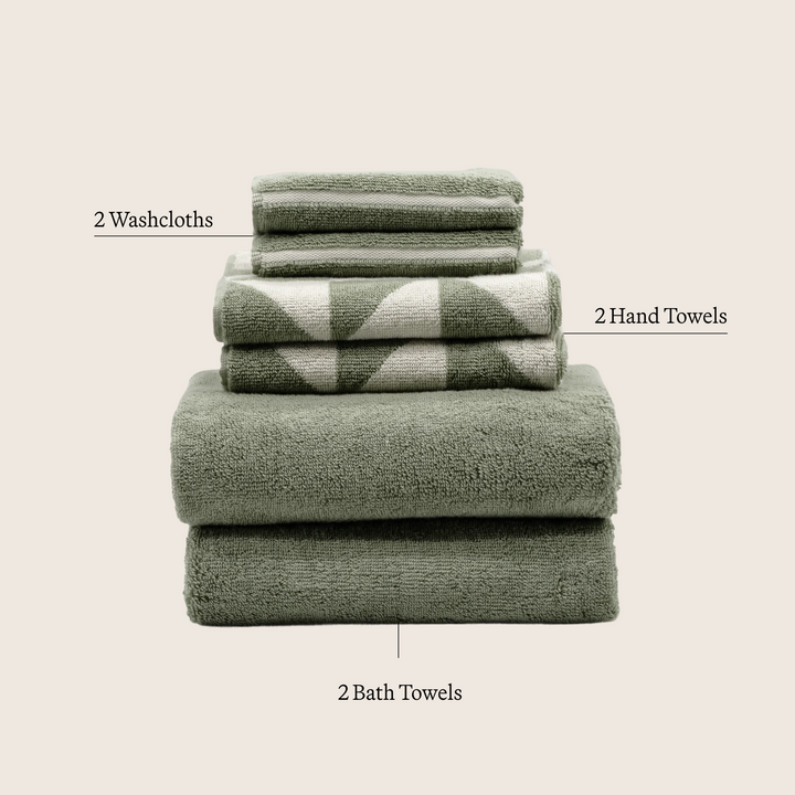Sage green and ecru cotton towels stack: washcloths, hand towels, and bath towels