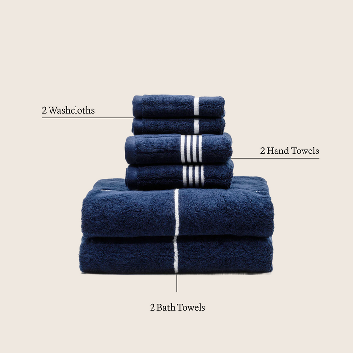 Navy and white cotton towel set, assorted folded towels stacked with stripe accents.