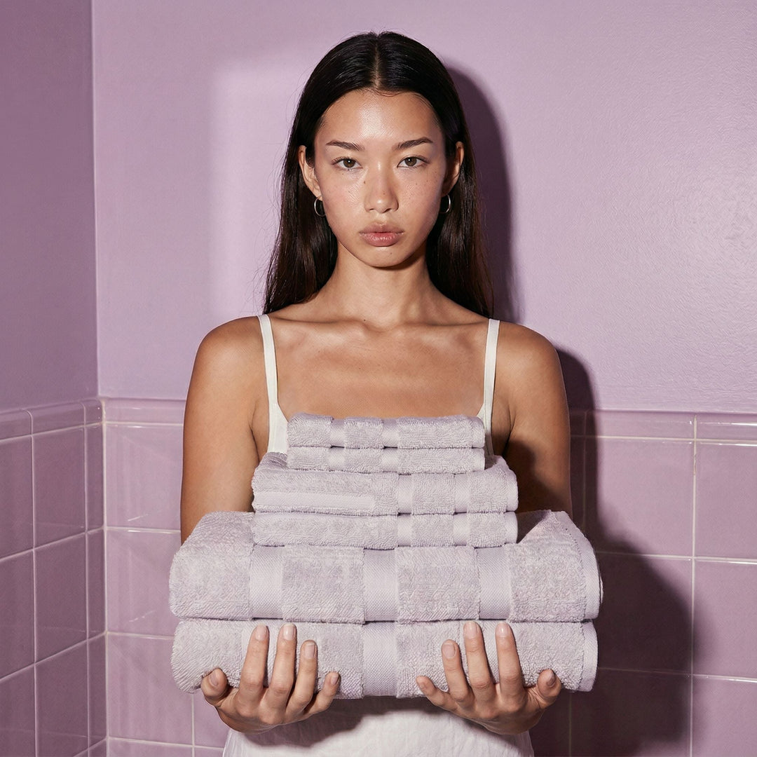 Lilac cotton towel stack held in hands, folded towels with horizontal stripe bands