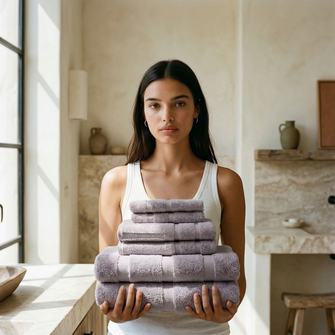 Lavender cotton hand towel set folded in a tower, striped terry texture.