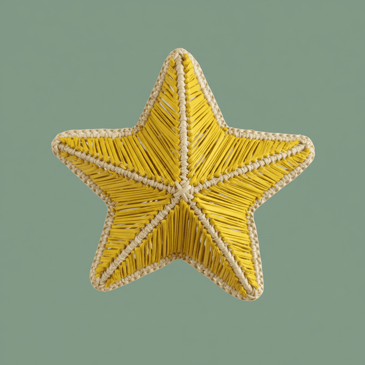 Starfish handwoven napkin ring in light green with natural woven border