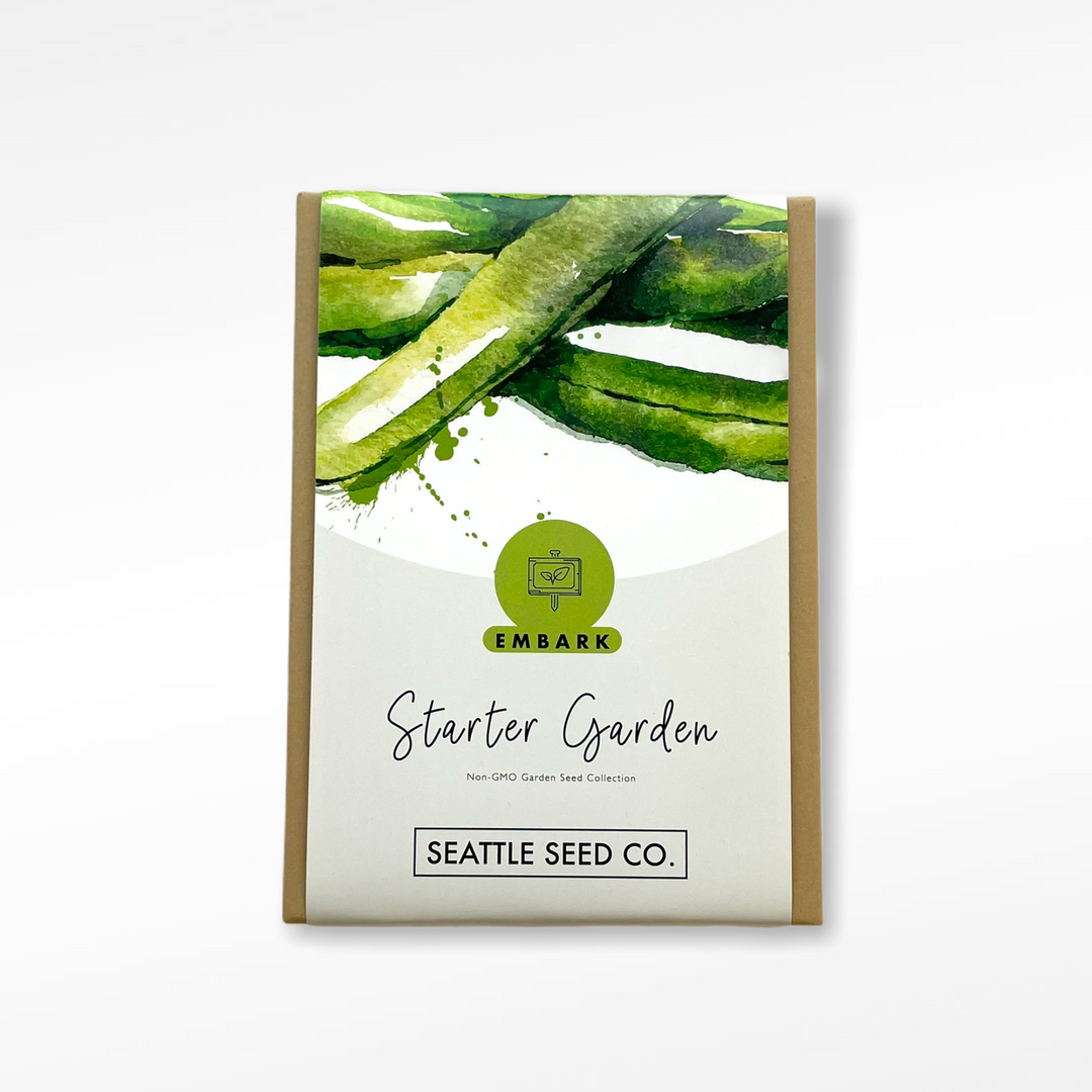 Starter Garden seed collection packet with green leaf illustration and “EMBARK” logo