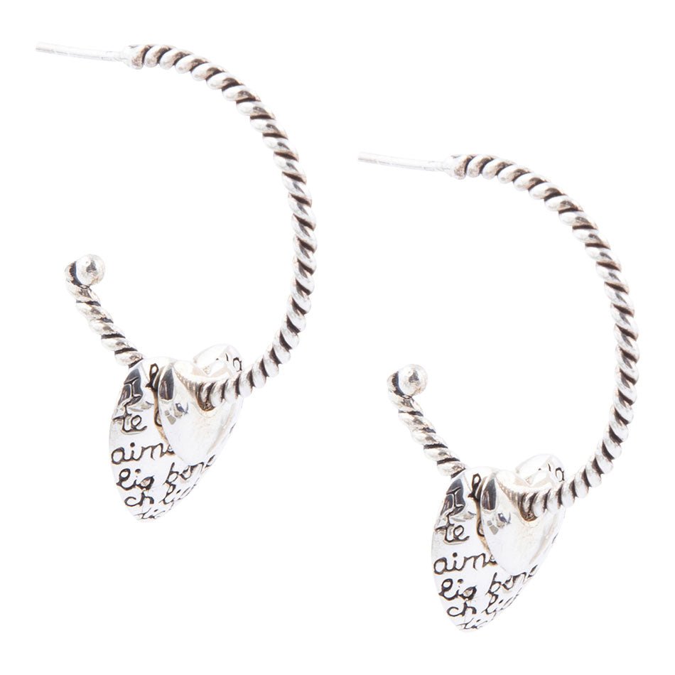 Engraved heart charm hoop earrings in sterling silver, twisted rope style