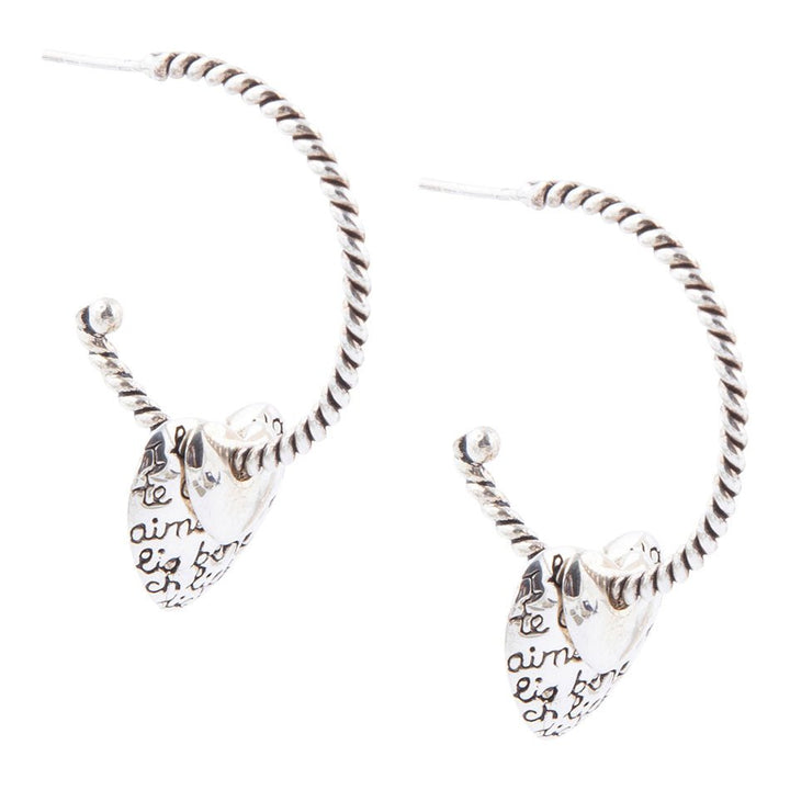 Engraved heart charm hoop earrings in sterling silver, twisted rope style
