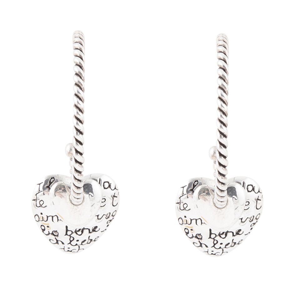 Sterling silver heart hoop earrings with engraved message, twisted rope hoops