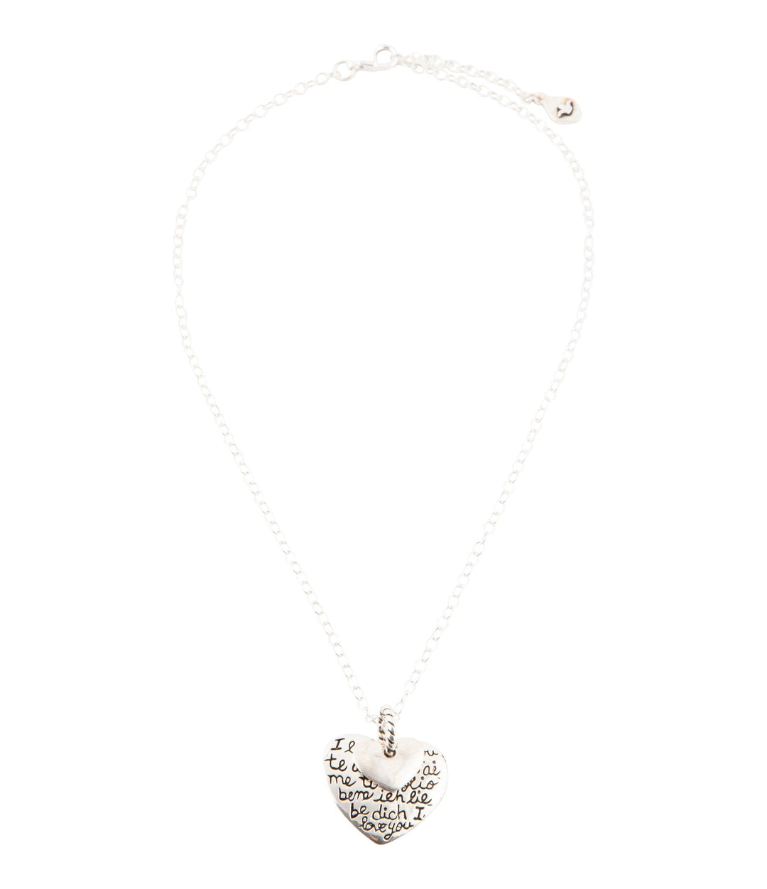 Sterling silver heart pendant necklace with engraved message and clasp