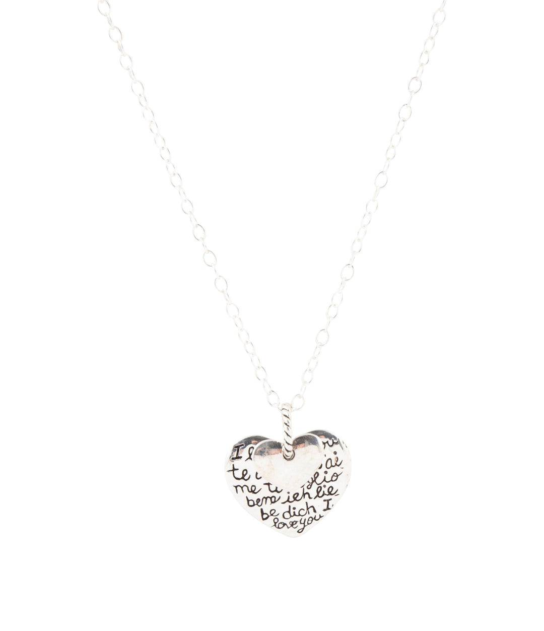 Sterling silver heart pendant necklace with engraved script and fine chain