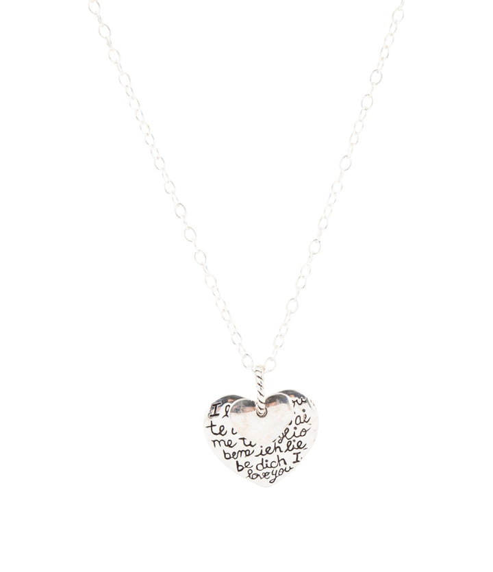 Sterling silver heart pendant necklace with engraved script and fine chain