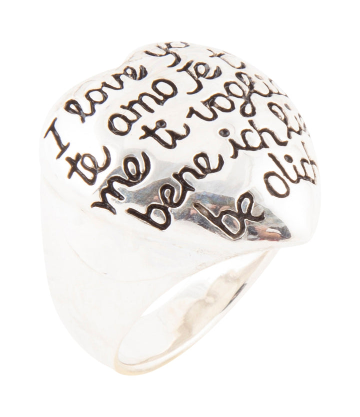 Sterling silver heart statement ring with engraved love text