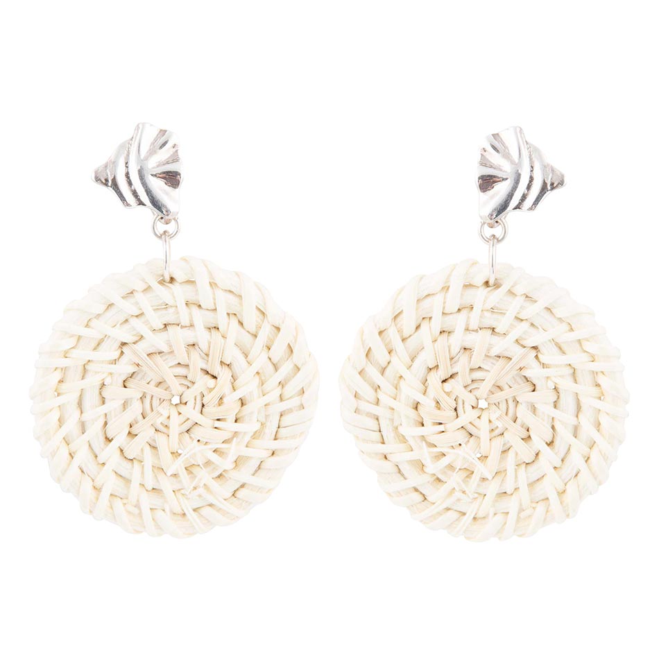 Cream rattan statement hoop earrings with silver-tone top, round woven texture