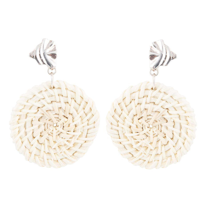 Cream rattan statement hoop earrings with silver-tone top, round woven texture