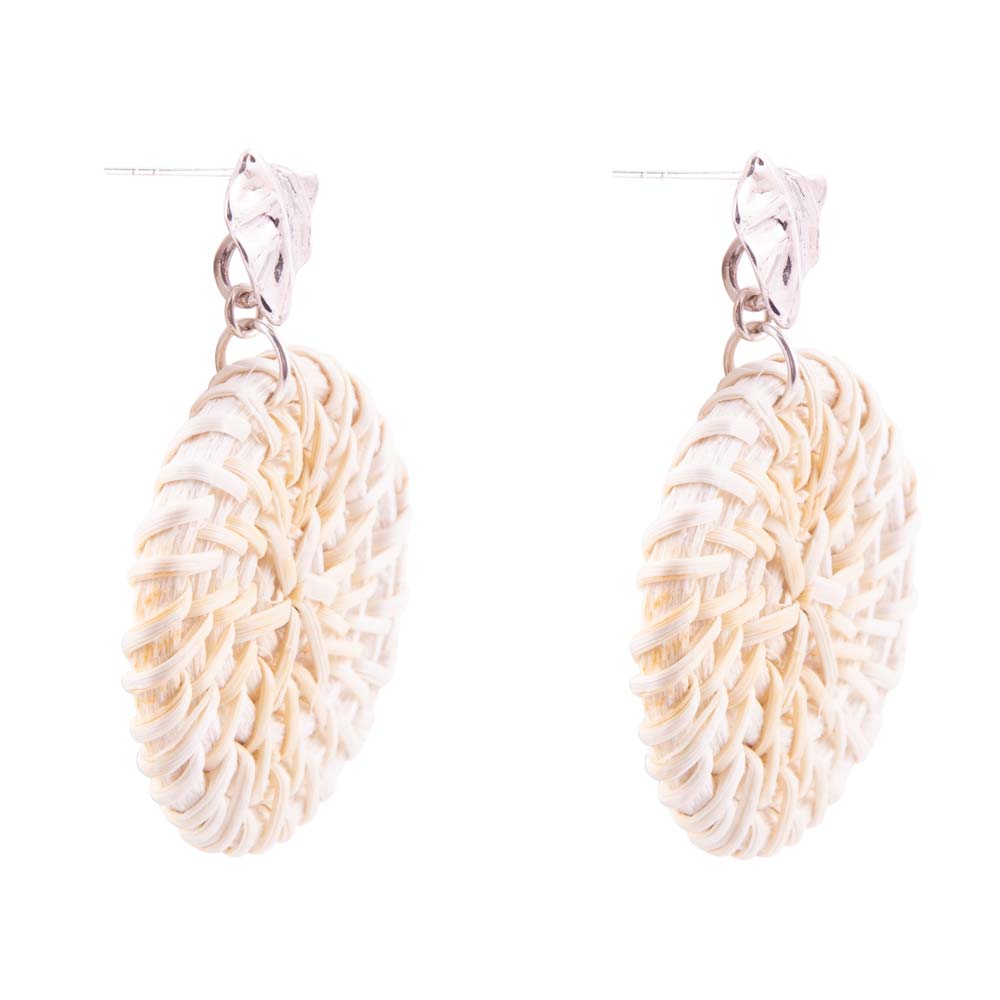 Cream woven rattan drop statement earrings with silver-tone hoops, oval woven texture