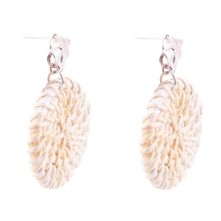 Cream woven rattan drop statement earrings with silver-tone hoops, oval woven texture