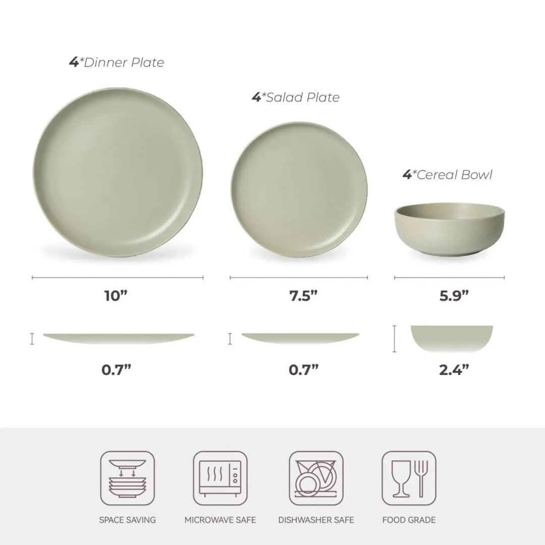 Stoneware Dinnerware Set 12 Piece Matte Sage Green for 4