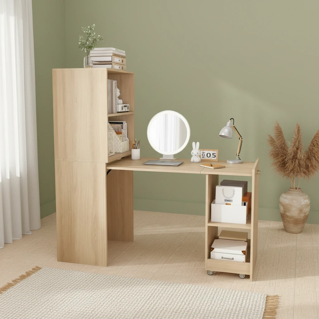 Stretchable Desk with Storage Shelves and Wheels