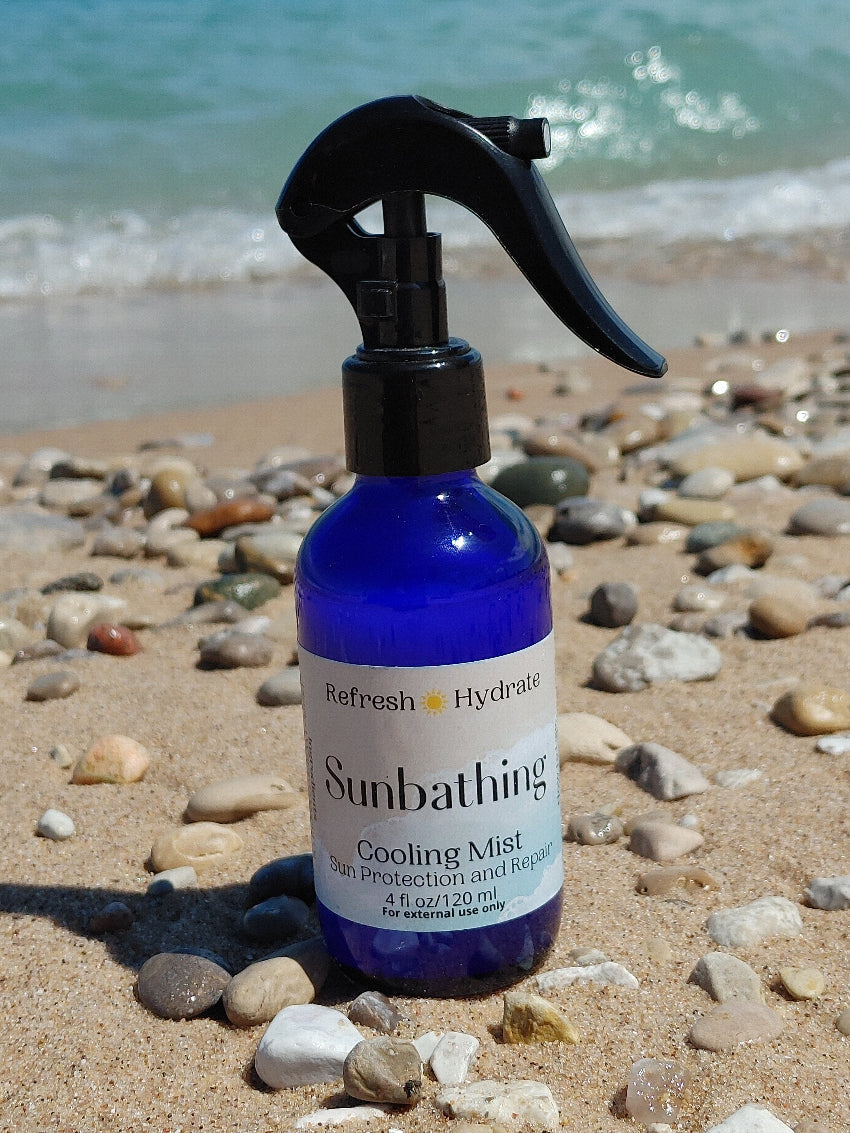 Blue body mist bottle with black spray trigger, &