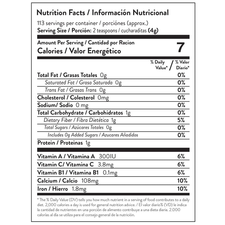 Nutrition Facts panel for Miracle Tree organic moringa superfood powder