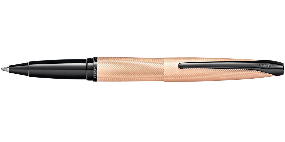 Rose gold rollerball pen with black grip and click-style top, side profile