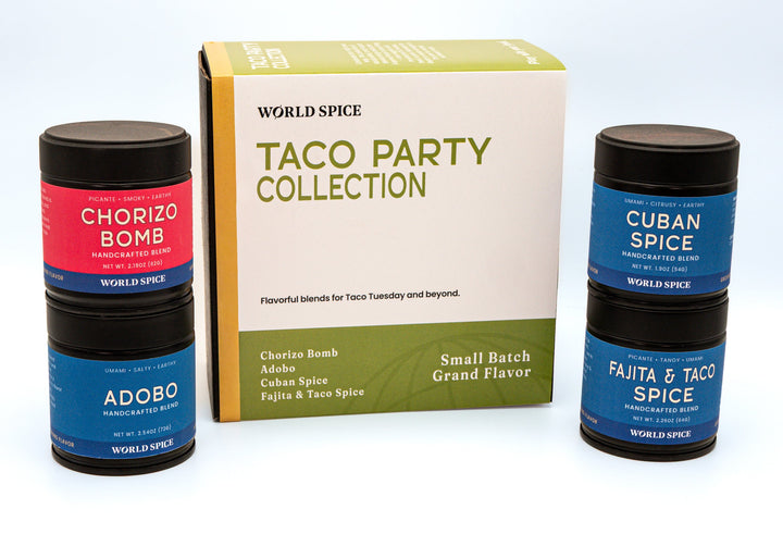 Taco Party Collection spice set with three seasoning bottles and boxed blend