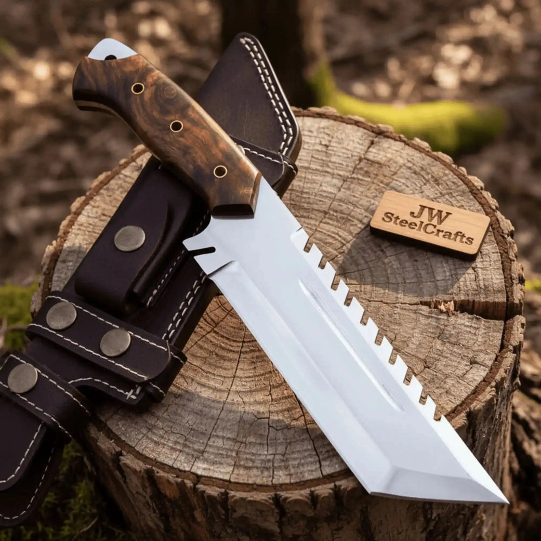 Stainless steel tracker knife with burl wood handle and leather sheath