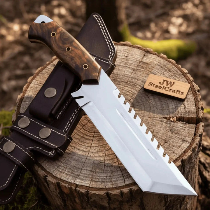 Stainless steel tracker knife with burl wood handle and leather sheath