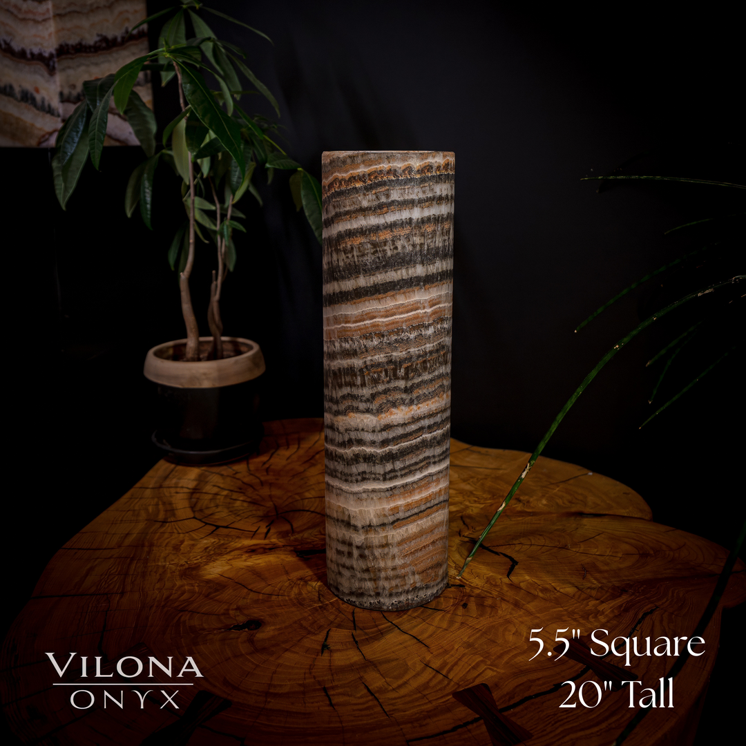 Table lamp with striped onyx cylinder shade, 5.5" square base, 20" tall