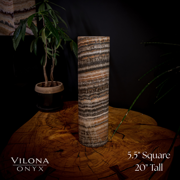 Table lamp with striped onyx cylinder shade, 5.5" square base, 20" tall