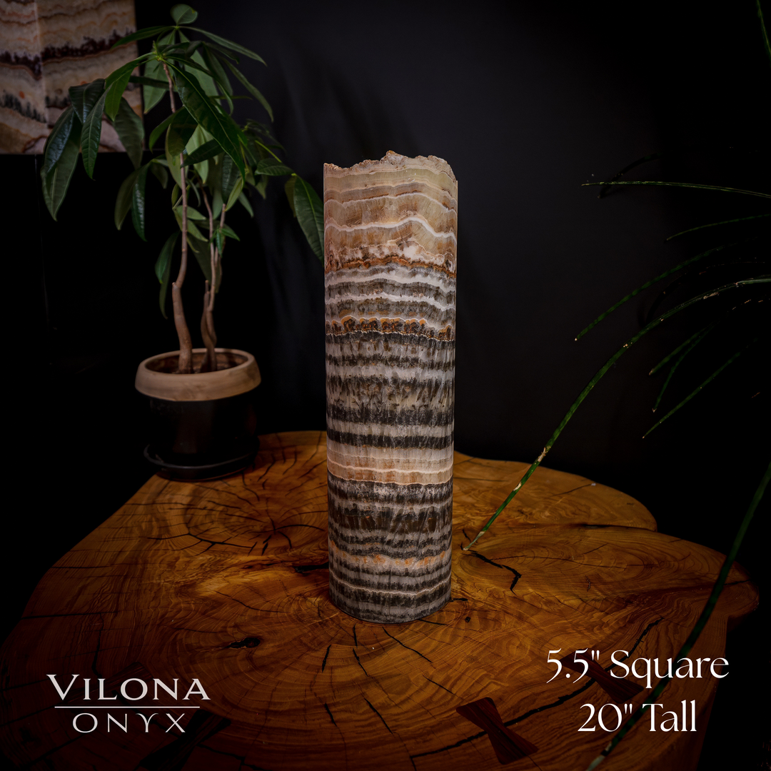 Tall onyx table lamp with gray and brown banded cylinder shade and base
