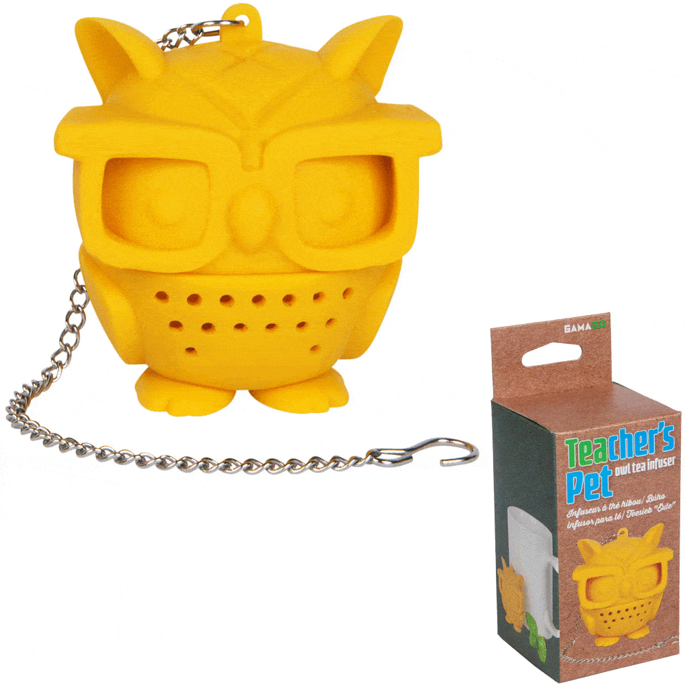 Yellow owl-shaped tea infuser with hanging chain and box packaging