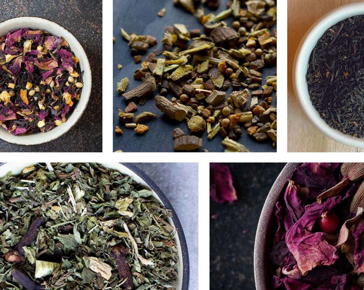 Tea tasting flight assortment of dried leaves in bowls, purple and dark blends