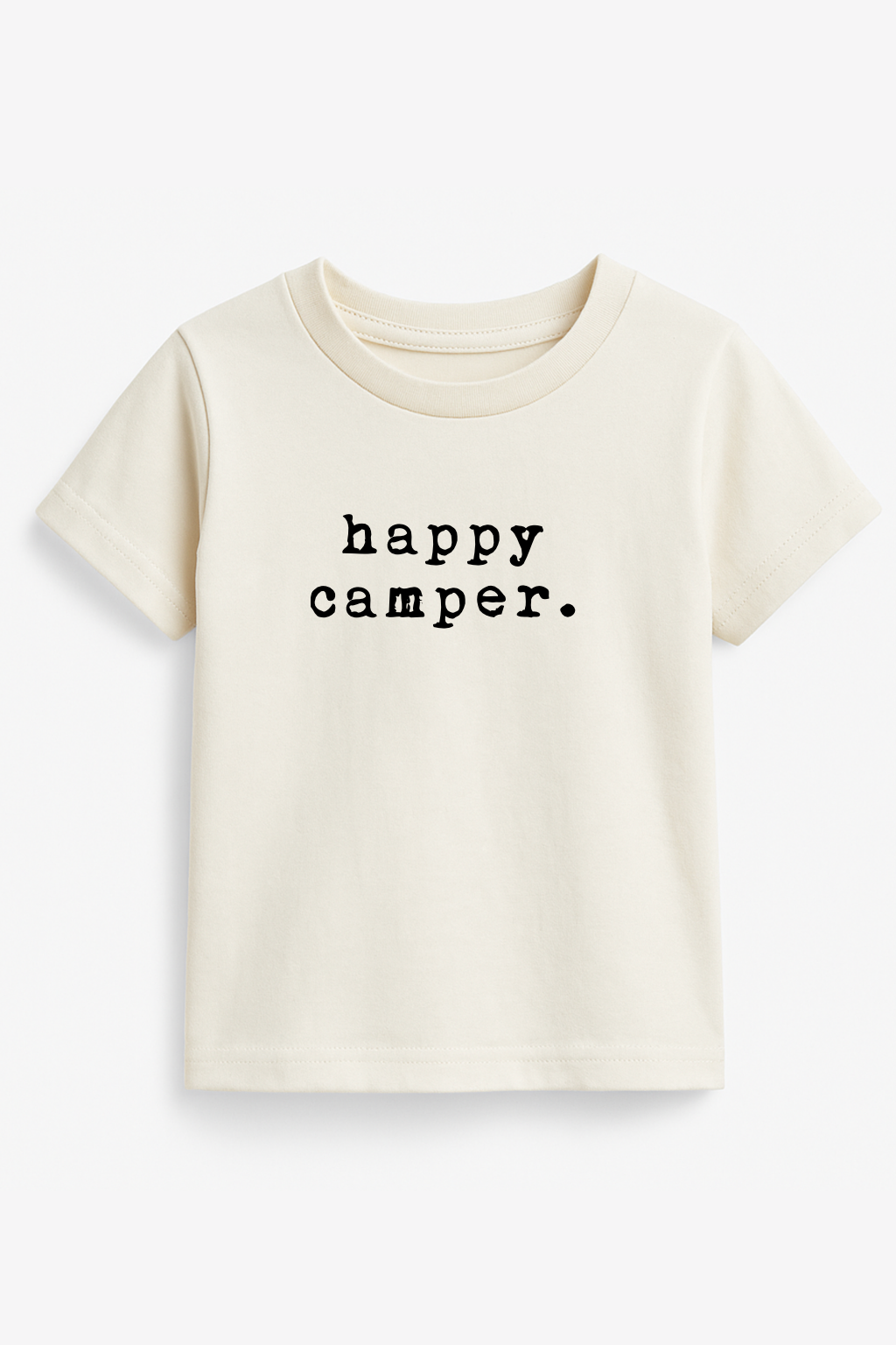 Toddler short-sleeve crewneck T-shirt in light cream with 'happy camper.' text