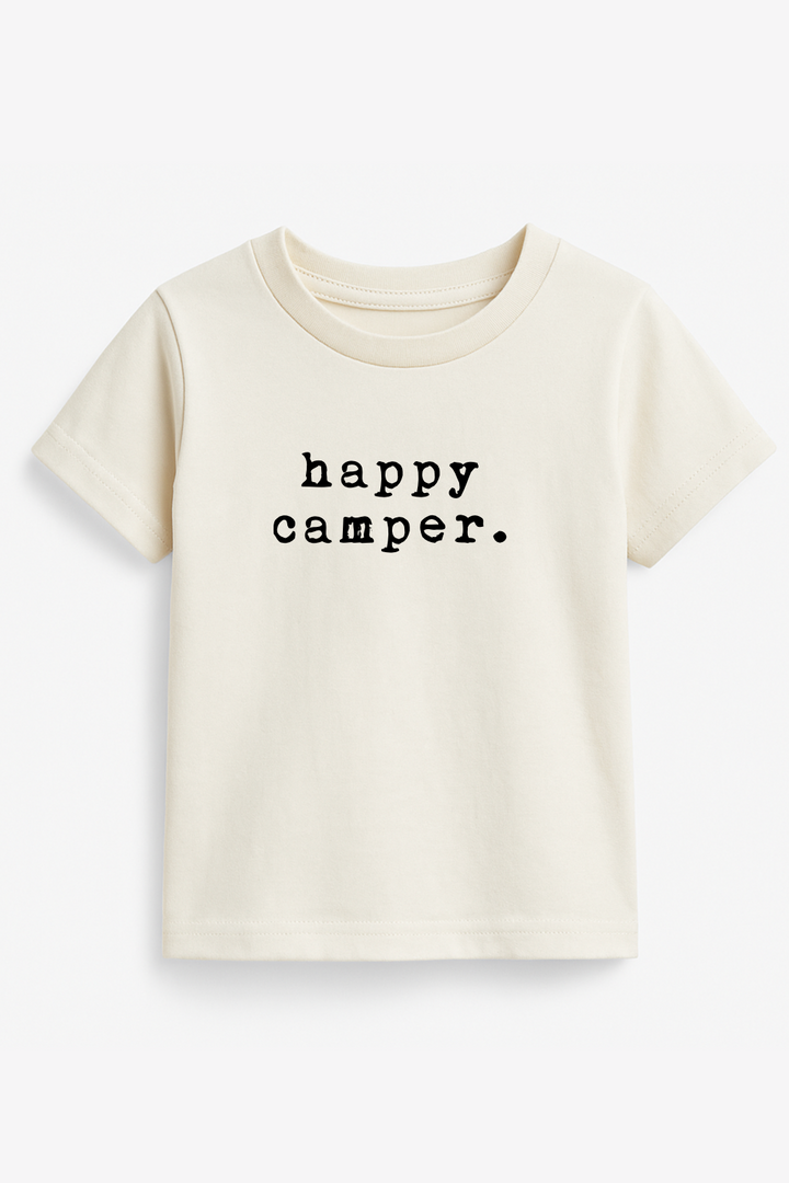 Toddler short-sleeve crewneck T-shirt in light cream with 'happy camper.' text
