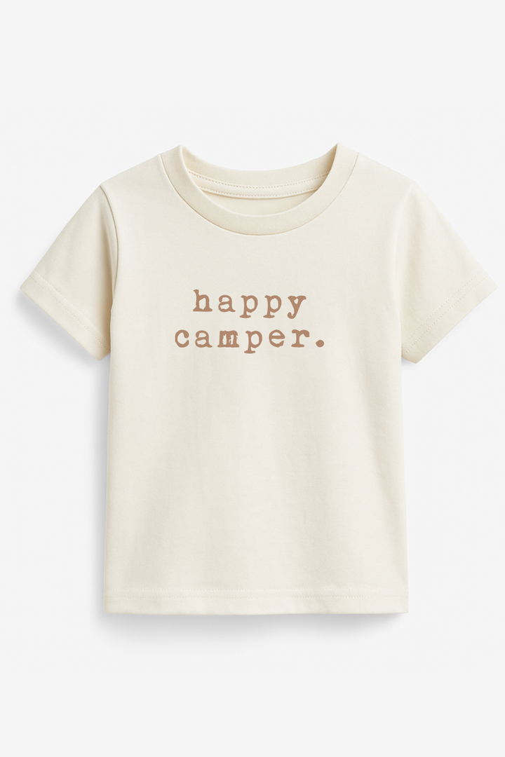 Toddler short-sleeve T-shirt, light cream, orange 'happy camper' graphic