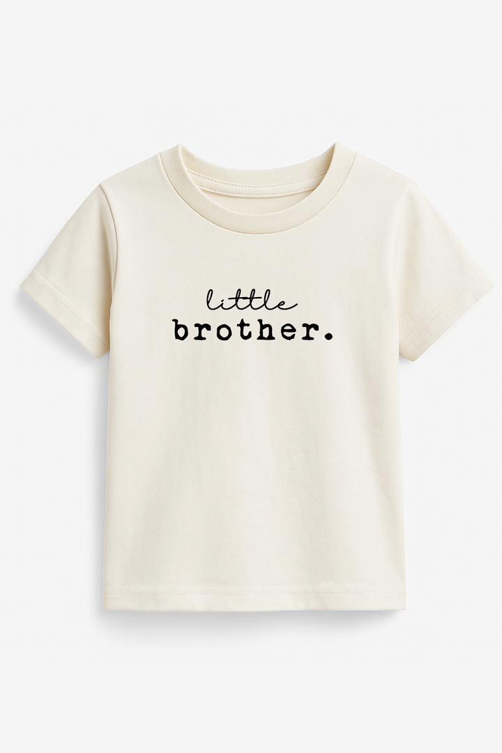 Kids organic t-shirt, cream short-sleeve crew neck with 'little brother' print