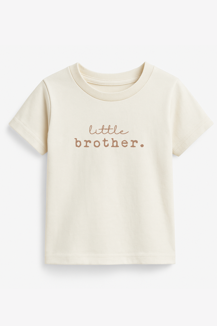 Toddler short-sleeve organic cotton T-shirt, off-white, front “Little brother” graphic
