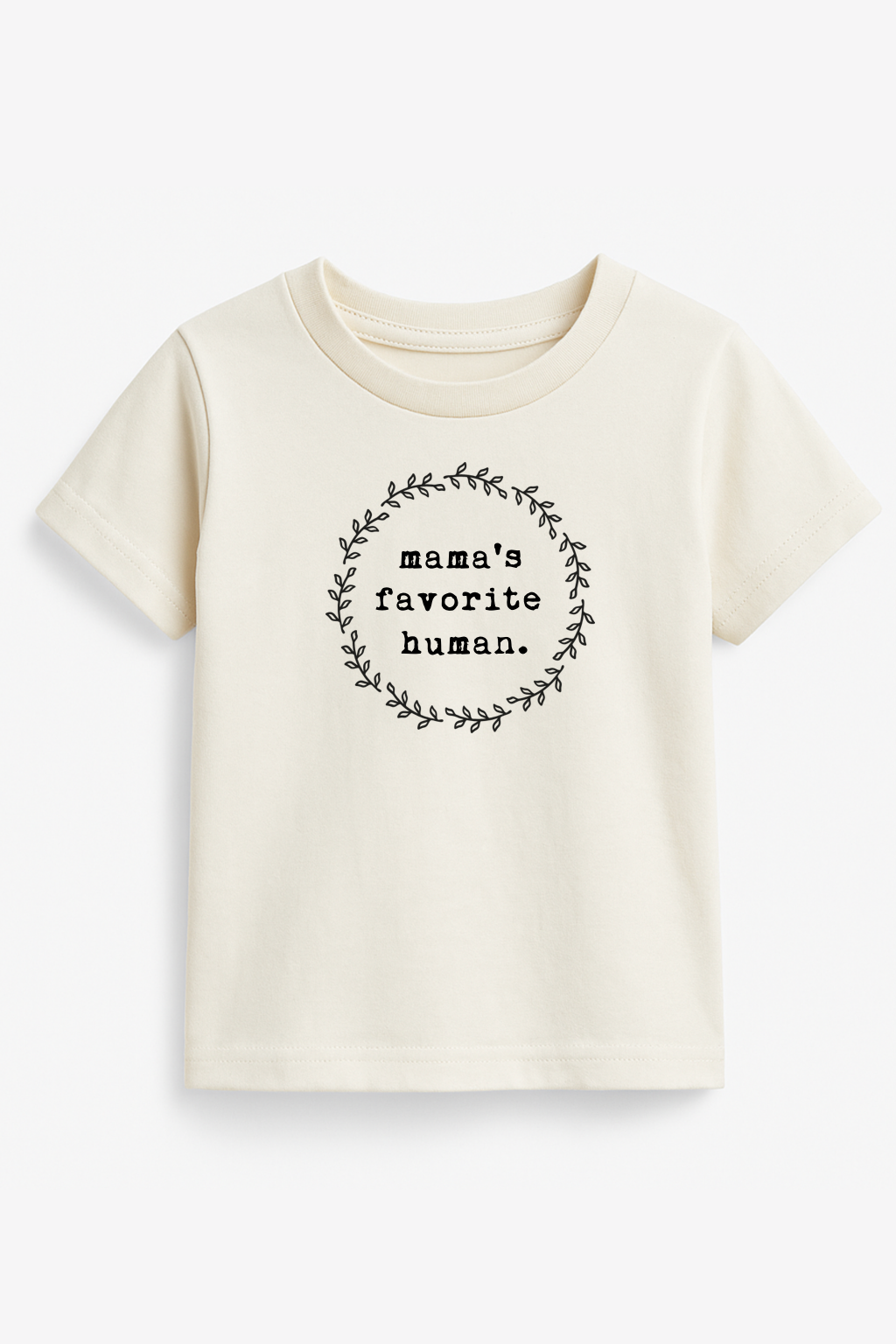 Kids organic t-shirt, cream/ivory with wreath logo graphic on front
