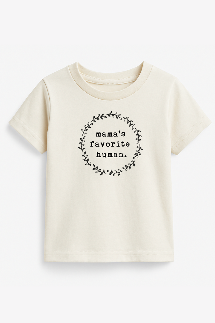 Kids organic t-shirt, cream/ivory with wreath logo graphic on front