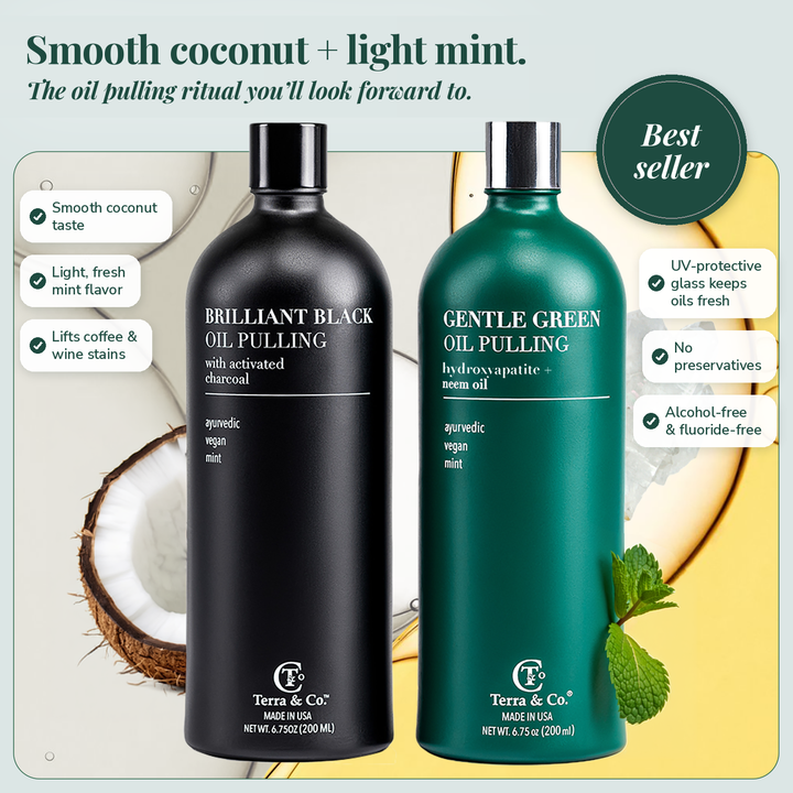 Terra &amp; Co. oil pulling set showing black and green oil pull bottles side by side