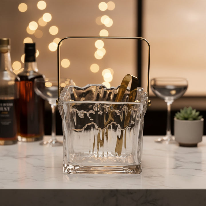 Textured Glass Ice Bucket with Gold Handle & Tongs