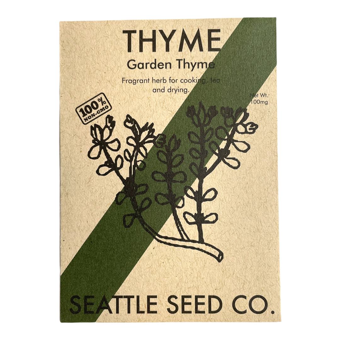 Thyme seeds seed packet with garden thyme illustration and green herb graphics
