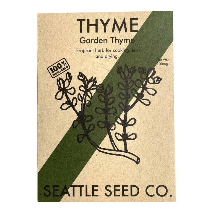 Thyme seeds seed packet with garden thyme illustration and green herb graphics
