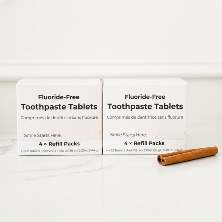 Fluoride-free toothpaste tablet refill boxes with one cinnamon roll