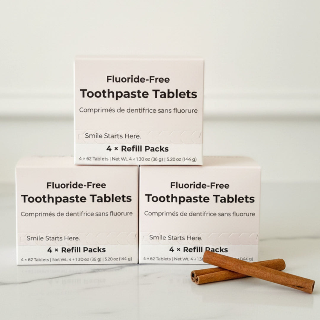Fluoride-free toothpaste tablet refill pack boxes with cinnamon sticks