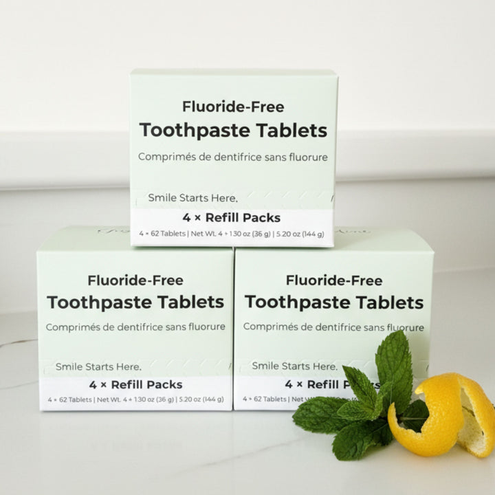 Fluoride-free toothpaste tablet refill boxes with mint and lemon slices