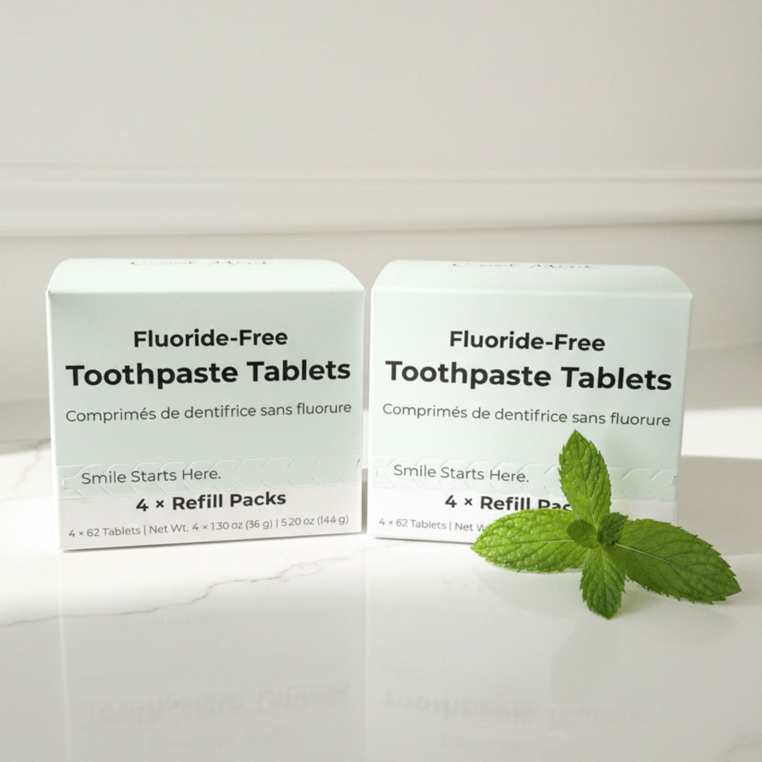 Toothpaste tablet refill cartons (fluoride-free) with mint sprigs