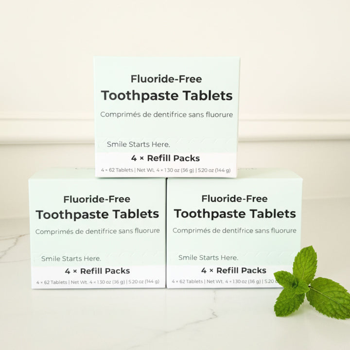 Toothpaste tablet refill cartons (fluoride-free), stacked pack set on display