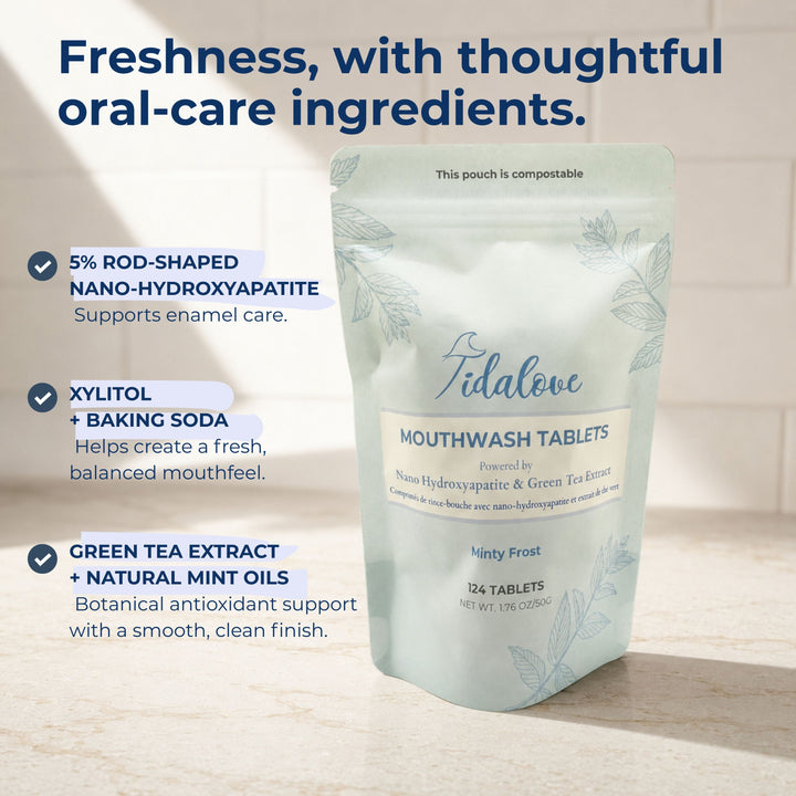 Mouthwash tablets pouch with mint frost variety and displayed tablet-count label