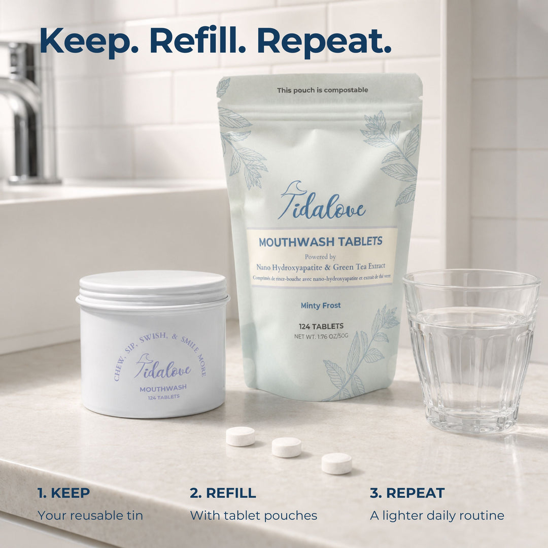Mouthwash tablets refill pouch with jar, glass, and scattered white tablets