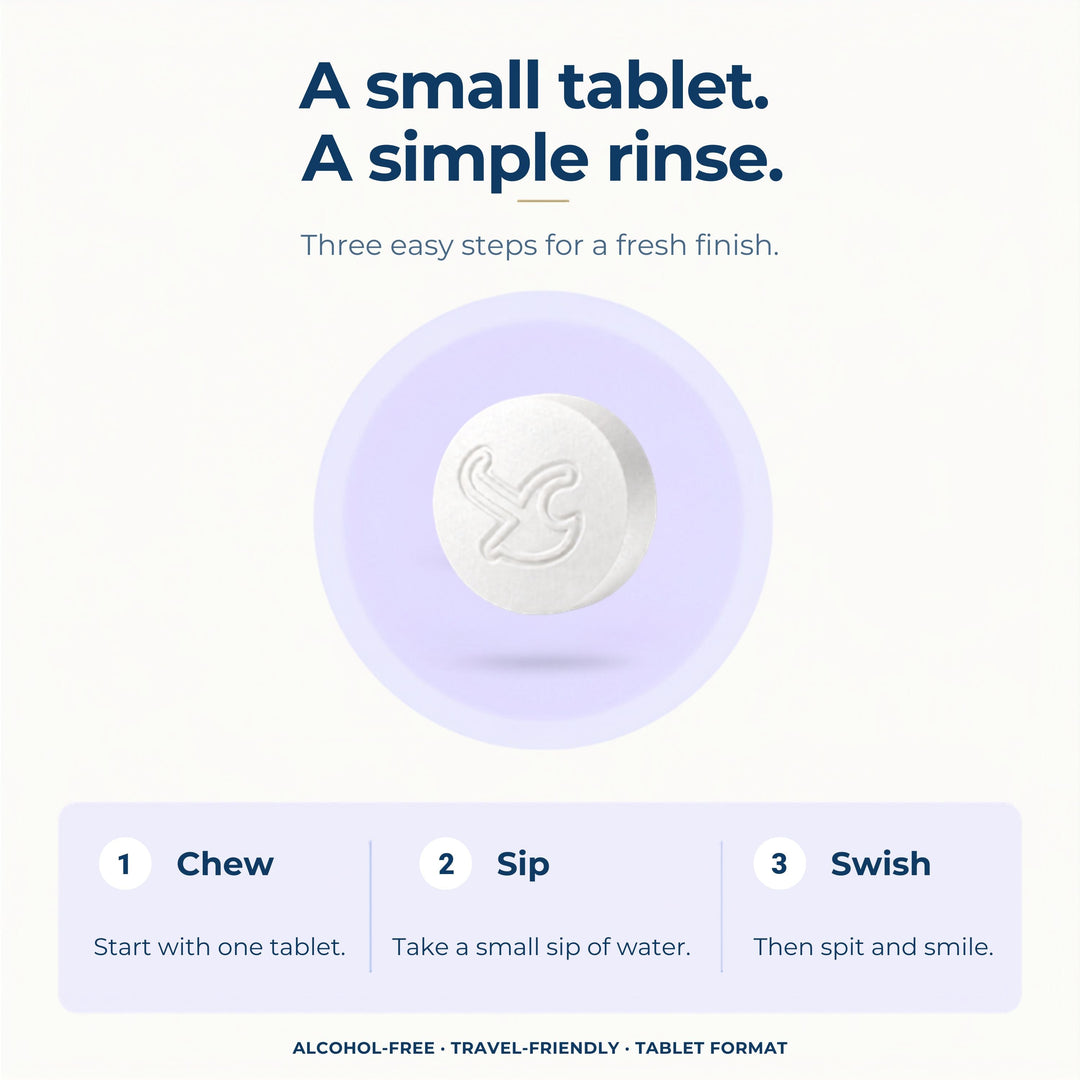 Single mouthwash tablet close-up with steps for chew, sip, and swish